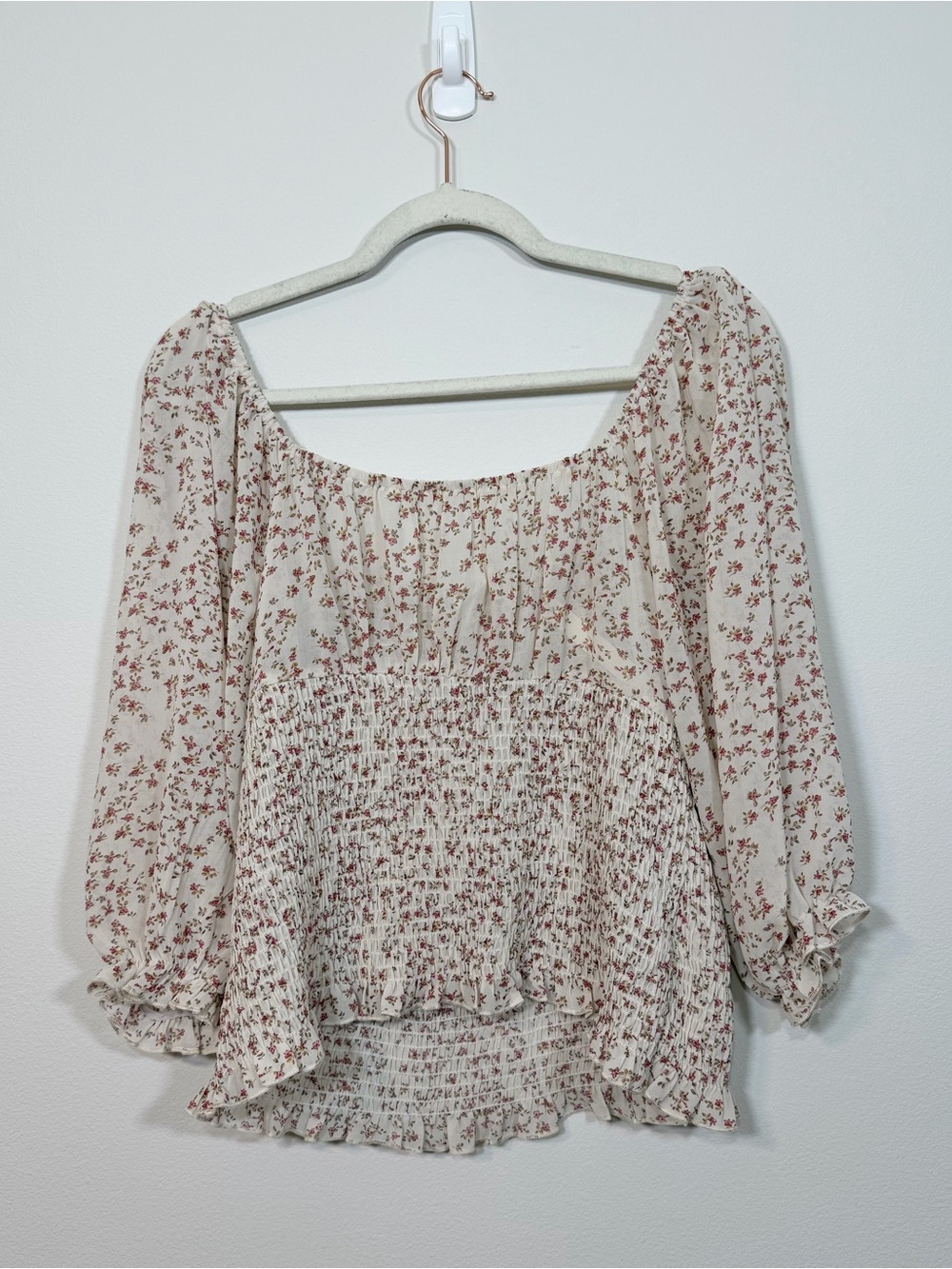Blush Shirt Cream Peasant Blouse Floral Smocked Sheer Cottagecore Crop Women 1XL